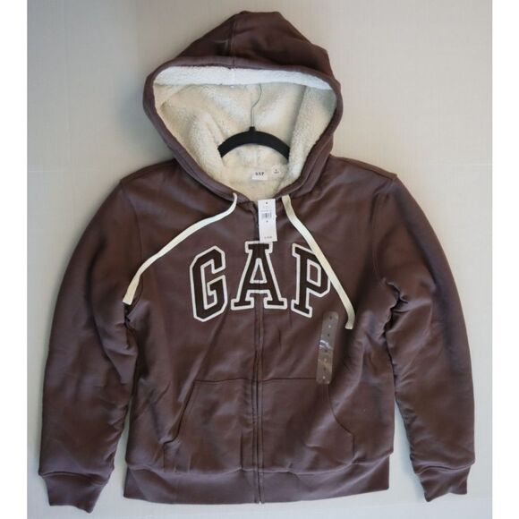 Gap 739757-08 Women's Sz S Peppercorn Brown Logo Sherpa-Lined Zip Hoodie - Picture 9 of 10